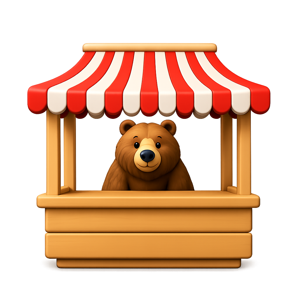 Bearmarket mascot peeking out of a red and white market stall